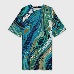 Футболка женская длинная Сине-зеленый абстрактный узор, цвет: 3D-принт