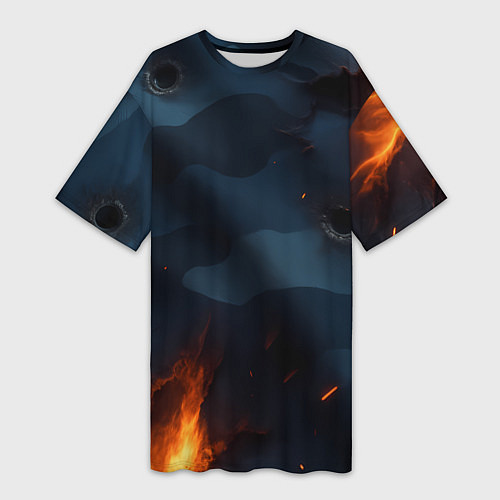 Женская длинная футболка Разорванный синий камуфляж с огнем / 3D-принт – фото 1