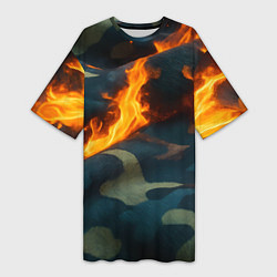 Женская длинная футболка Огонь на камуфляжной ткани