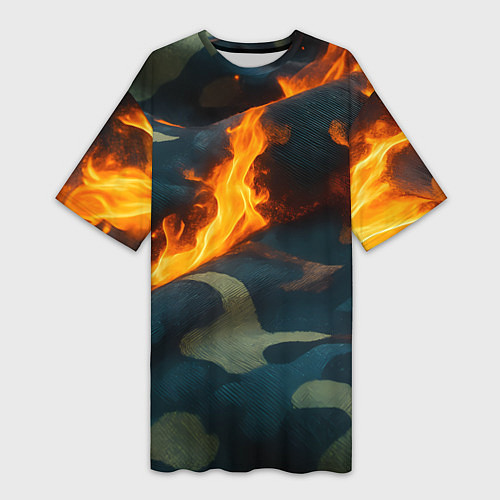Женская длинная футболка Огонь на камуфляжной ткани / 3D-принт – фото 1