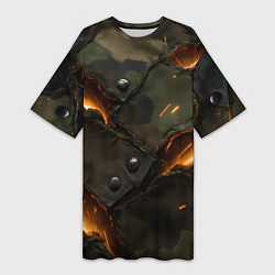 Футболка женская длинная Порванная камуфляжная ткань с огнем, цвет: 3D-принт