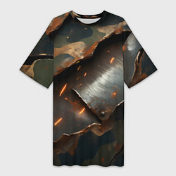 Женская длинная футболка Камуфляжная ткань на металлической пластине