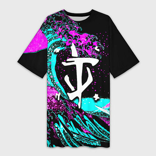 Женская длинная футболка Doom самураи неоновая волна / 3D-принт – фото 1