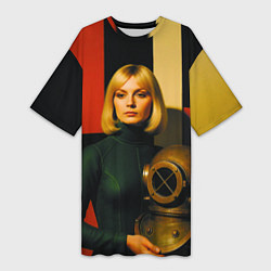 Футболка женская длинная Девушка с водолазным шлемом ретрофутуризм поп-арт, цвет: 3D-принт