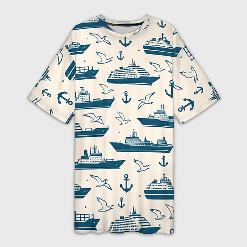 Женская длинная футболка Морской паттерн из чаек, якорей и кораблей / 3D-принт – фото 1