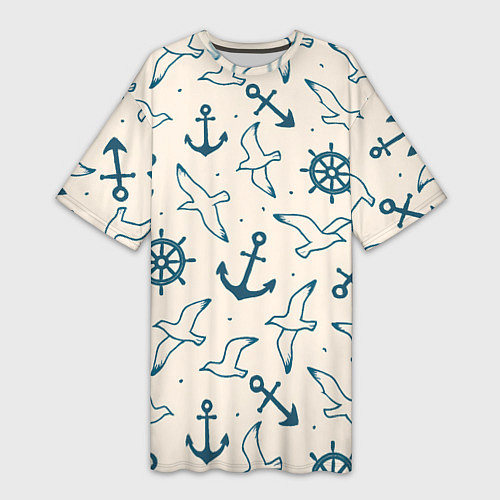 Женская длинная футболка Морской паттерн из штурвалов, чаек и якорей / 3D-принт – фото 1