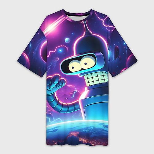 Женская длинная футболка Bender in neon space - cartoon Futurama / 3D-принт – фото 1