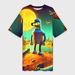 Футболка женская длинная Робот-сгибальщик Бендер на планете крокодилов, цвет: 3D-принт