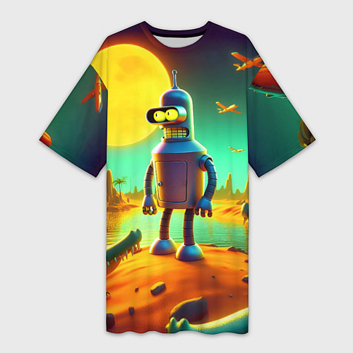 Женская длинная футболка Робот-сгибальщик Бендер на планете крокодилов / 3D-принт – фото 1