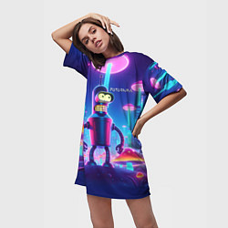Футболка женская длинная Робот-сгибальщик Бендер в неоновом грибном мегапол, цвет: 3D-принт — фото 2