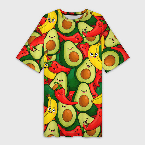 Женская длинная футболка Авокадо, бананы, перцы чили улыбаются - паттерн фр / 3D-принт – фото 1