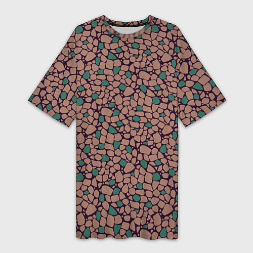 Женская длинная футболка Мелкий мозаичный коричневый зеленый узор хакки / 3D-принт – фото 1