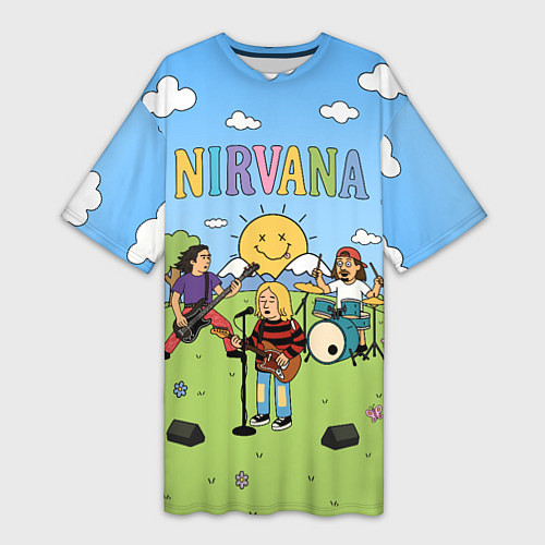 Женская длинная футболка Nirvana мультяшный стиль на поляне / 3D-принт – фото 1