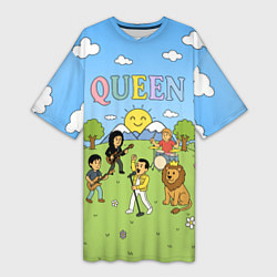Футболка женская длинная Queen мультяшный стиль на поляне, цвет: 3D-принт