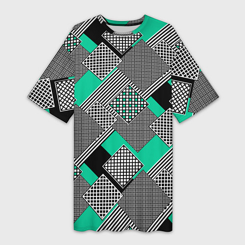 Женская длинная футболка Черно бирюзовая абстрактная геометрия пэчворк / 3D-принт – фото 1