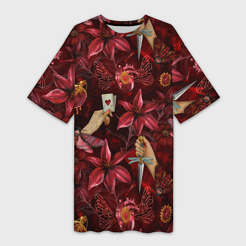 Женская длинная футболка Бордовая готика с сердцем, лилиями и мотыльками / 3D-принт – фото 1