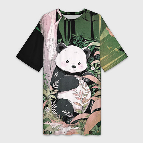 Женская длинная футболка Панда в лесу / 3D-принт – фото 1