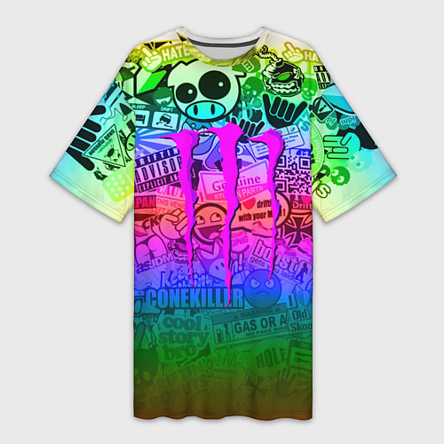 Женская длинная футболка Monster energy неоновые стикеры / 3D-принт – фото 1