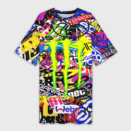 Женская длинная футболка Monster energy бренды стикеры / 3D-принт – фото 1