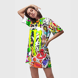 Футболка женская длинная Monster energy стикеры бренды, цвет: 3D-принт — фото 2