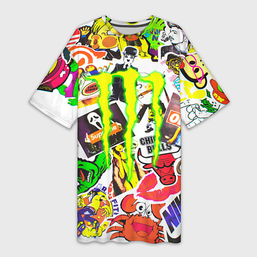 Женская длинная футболка Monster energy стикеры бренды / 3D-принт – фото 1