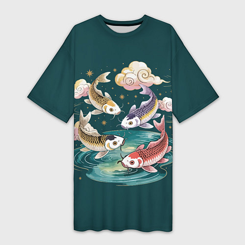 Женская длинная футболка Рыбы в облаках над прудом / 3D-принт – фото 1