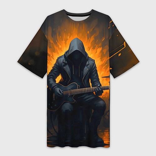 Женская длинная футболка Гитарист играющий в пламени / 3D-принт – фото 1
