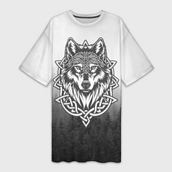 Футболка женская длинная Волк в кельтском стиле и лес, цвет: 3D-принт