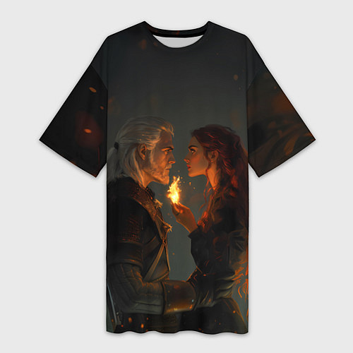 Женская длинная футболка Ведьмак и огненная Трисс / 3D-принт – фото 1