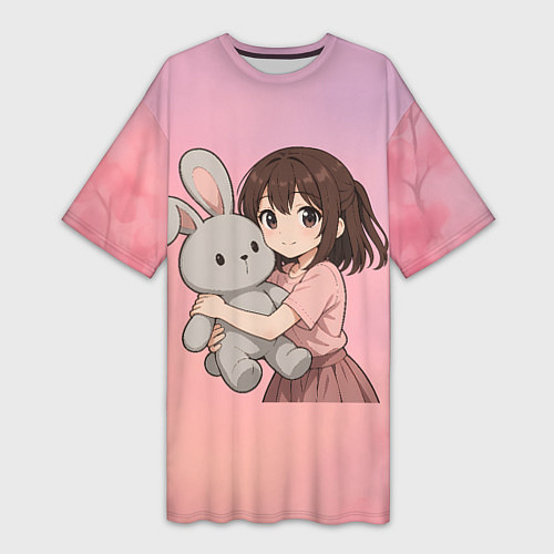 Женская длинная футболка Девочка обнимает зайцика в аниме / 3D-принт – фото 1