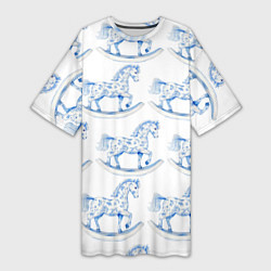 Футболка женская длинная Лошадка качалка гжель, цвет: 3D-принт