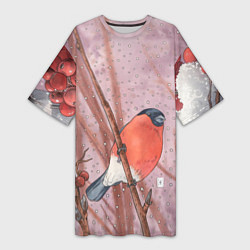Футболка женская длинная Акварельный снегирь в рябине, цвет: 3D-принт