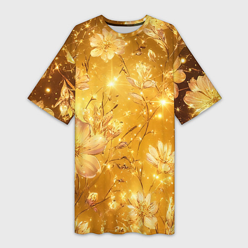 Женская длинная футболка Цветочный золотой с искрами / 3D-принт – фото 1