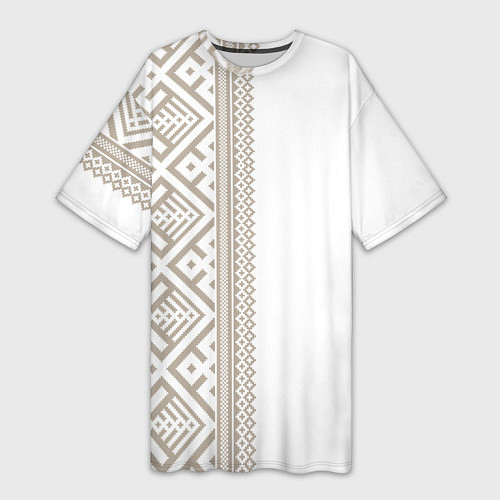 Женская длинная футболка Узоры славянские в бежевом цвете / 3D-принт – фото 1