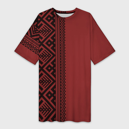 Женская длинная футболка Узоры славянские в красном цвете / 3D-принт – фото 1