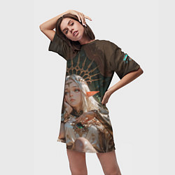 Футболка женская длинная Беловолосая королева эльфов на троне, цвет: 3D-принт — фото 2