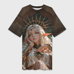 Футболка женская длинная Беловолосая королева эльфов на троне, цвет: 3D-принт