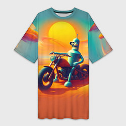 Женская длинная футболка Робот Бендер на мотоцикле в пустыне