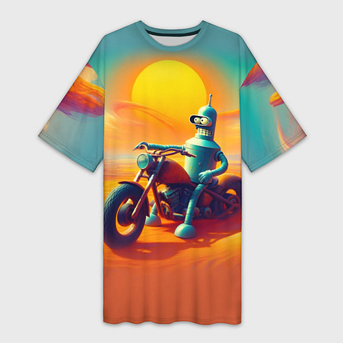 Женская длинная футболка Робот Бендер на мотоцикле в пустыне / 3D-принт – фото 1