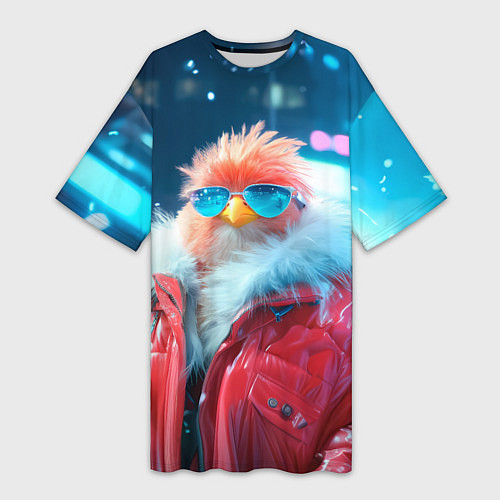 Женская длинная футболка Розовая птичка в куртке / 3D-принт – фото 1