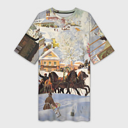 Женская длинная футболка Русская тройка зимой - картина Масленица Кустодиев