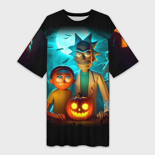 Женская длинная футболка Morty and Rick with pumpkin - neon halloween / 3D-принт – фото 1