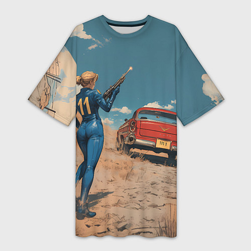Женская длинная футболка Fallout девушка и старое авто / 3D-принт – фото 1
