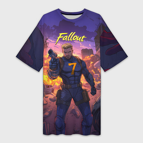 Женская длинная футболка Fallout седьмой на фоне взрывов / 3D-принт – фото 1