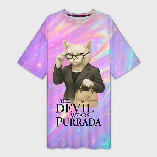 Женская длинная футболка Дьявол носит Пурада пародия с белой кошкой / 3D-принт – фото 1