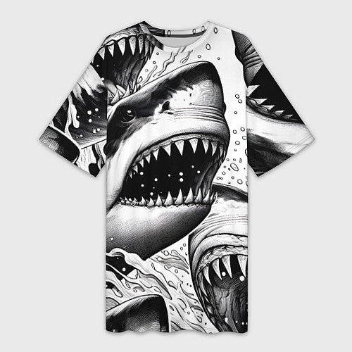 Женская длинная футболка Белая акула - стая / 3D-принт – фото 1