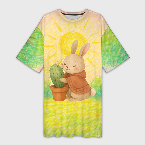 Женская длинная футболка Заяц обнимает кактус / 3D-принт – фото 1
