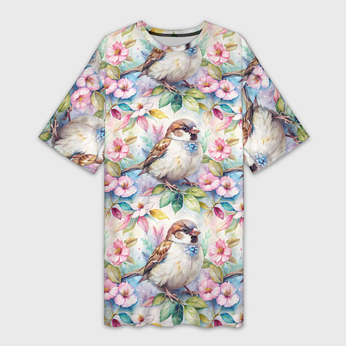 Женская длинная футболка Воробей в ярких цветах паттерн / 3D-принт – фото 1