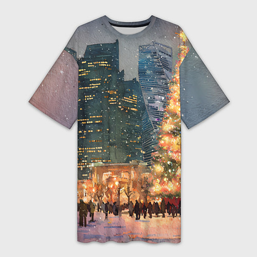 Женская длинная футболка Москва - сити и новогодняя елка / 3D-принт – фото 1