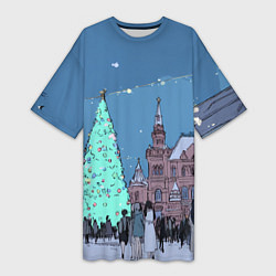Футболка женская длинная Новогодняя елка в центре Москвы, цвет: 3D-принт